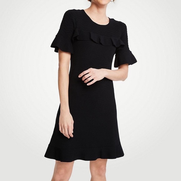 Ann Taylor Ann Taylor Chevron Ruffle Sweater Dress in Black. - Picture 1 of 8